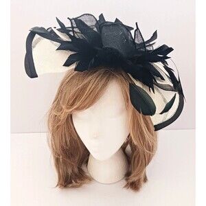 New Fascinator Clip On Hat Woven Straw Ivory/Blk Bow w Feathers O/S